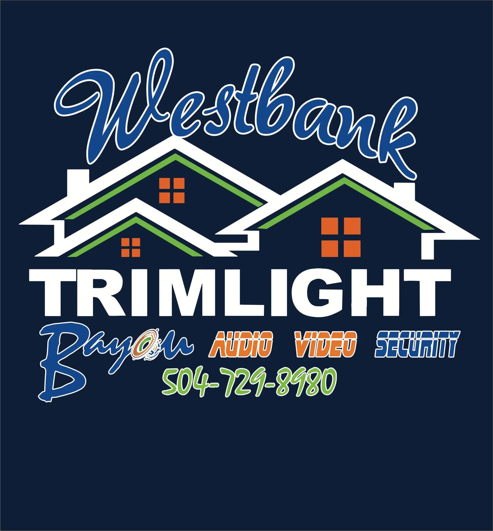 Brick house at night traced in blue Trimlight, with red, white, and blue lights across the front gable.
